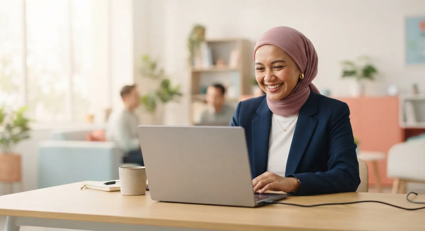 Staf HR tersenyum sambil bekerja di laptop