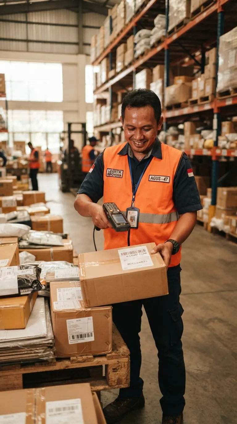 Petugas gudang memindai paket